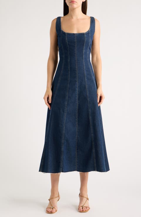PSA Paneled Cotton Blend Denim Midi Dress