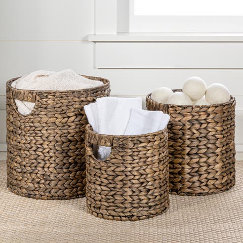 Avery Bohemian Cottage Handwoven Hyacinth Cylinder Nesting Baskets with Handles, (Set of 3)