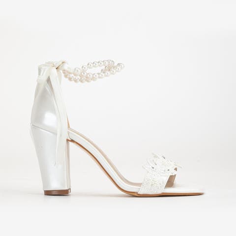 Helene Lace Bridal Heeled Sandals with Pearls