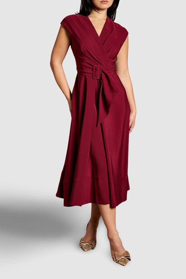 Petite Belted Crepe Dress, Alternate, color, Wine