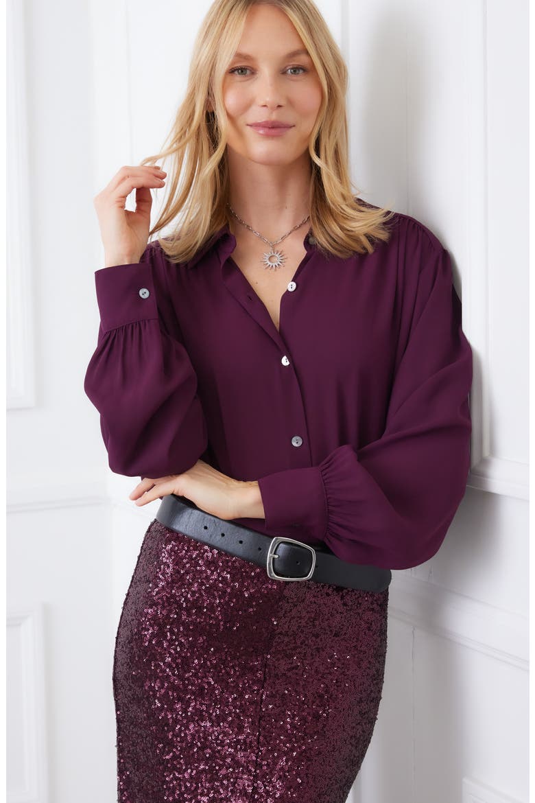 Drapey Crepe Button-Up Shirt, Alternate, color, EGGPLANT