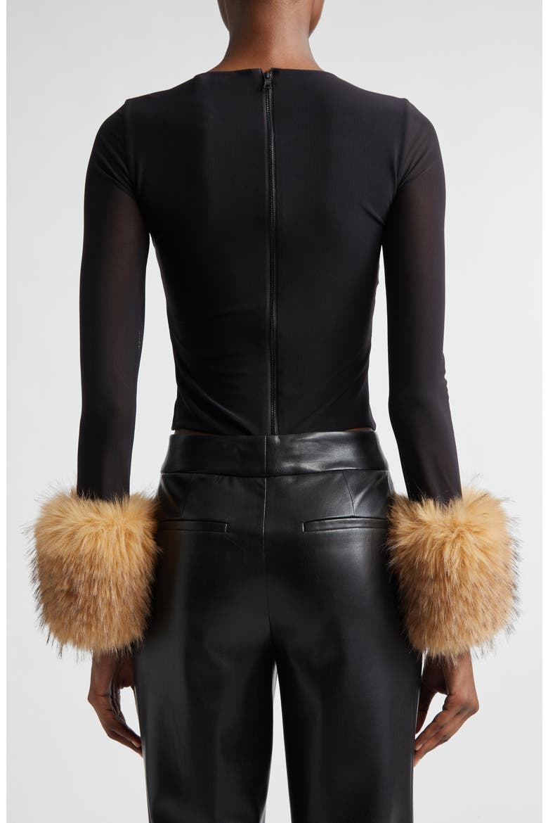 Delaina Faux Fur Cuff Mesh Crop Top, Alternate, color, BLACK