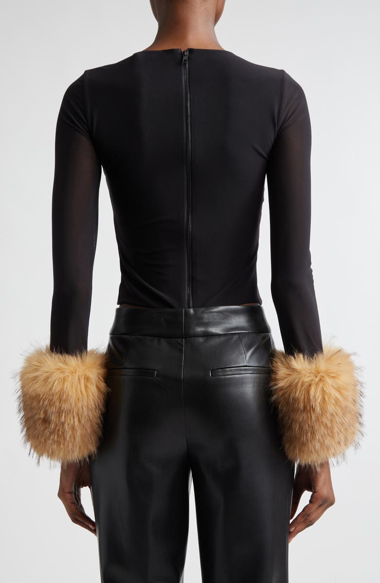 Alice + Olivia Delaina Faux Fur Cuff Mesh Crop Top, Alternate, color, Black