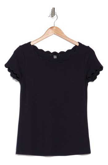 T Tahari Scalloped Knit T-shirt In Deep Navy Blue