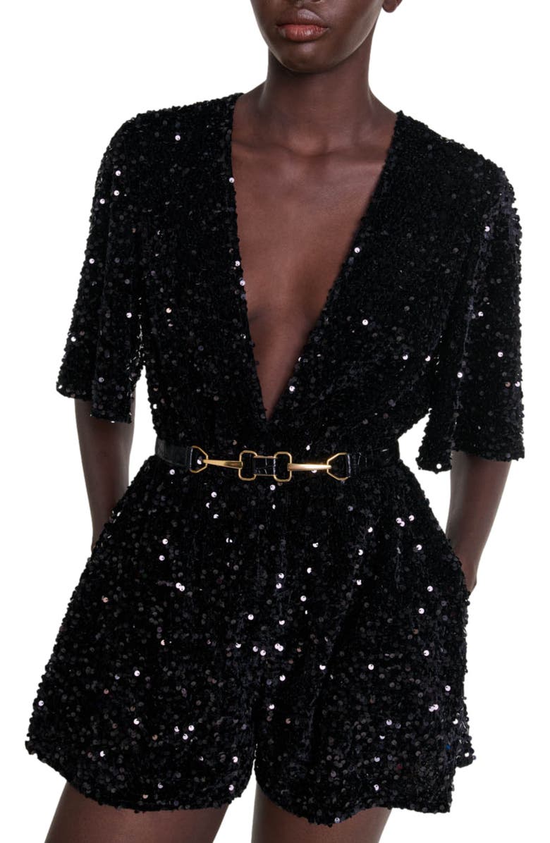 maje Sequinned velvet playsuit, Main, color,