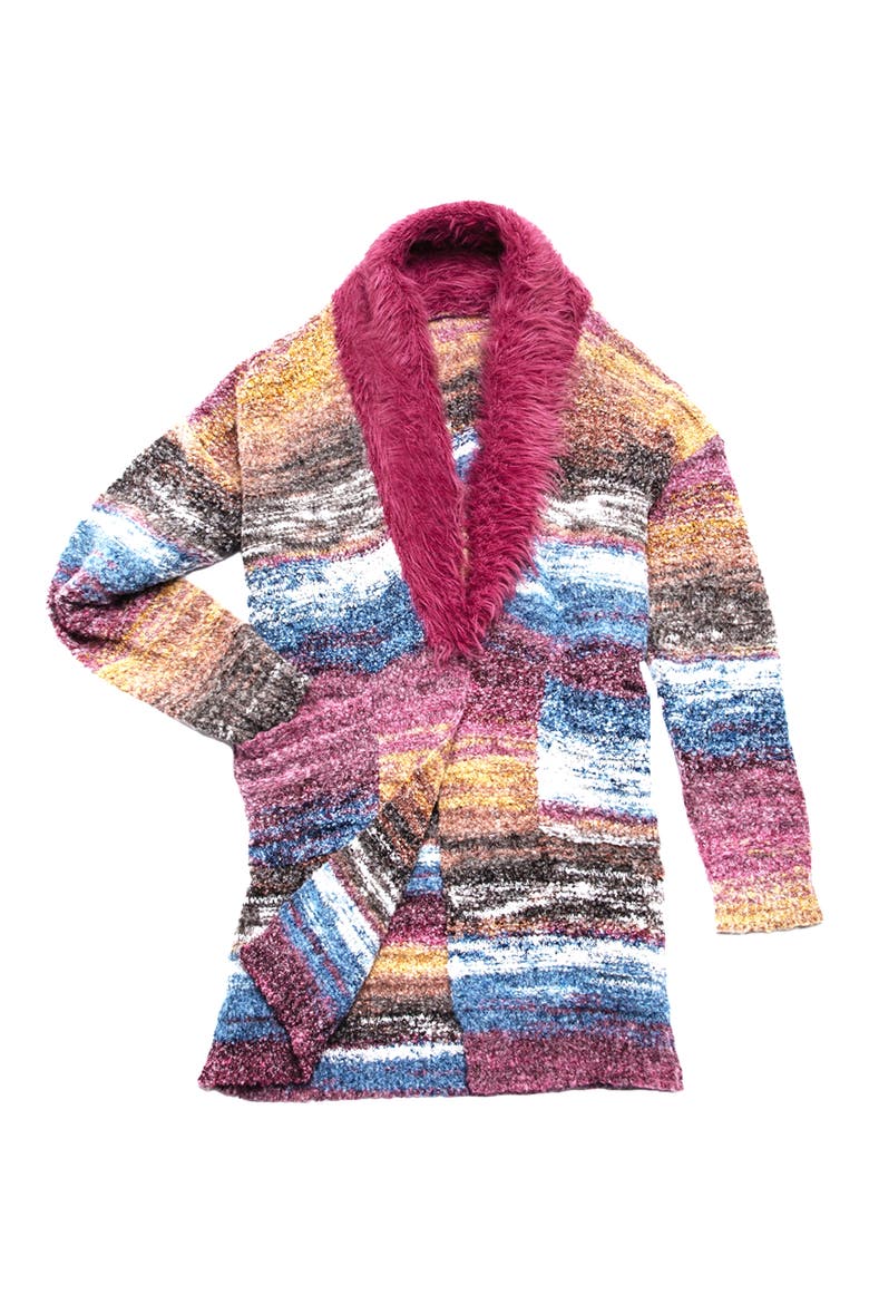 Faux Fur Collar Striped Cardigan, Alternate, color, PURPLE