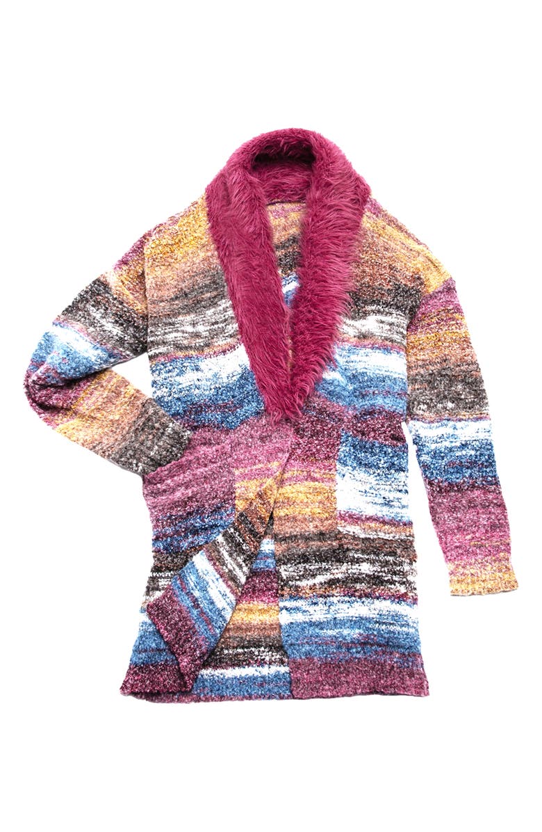 SAACHI Faux Fur Collar Striped Cardigan, Alternate, color, Purple