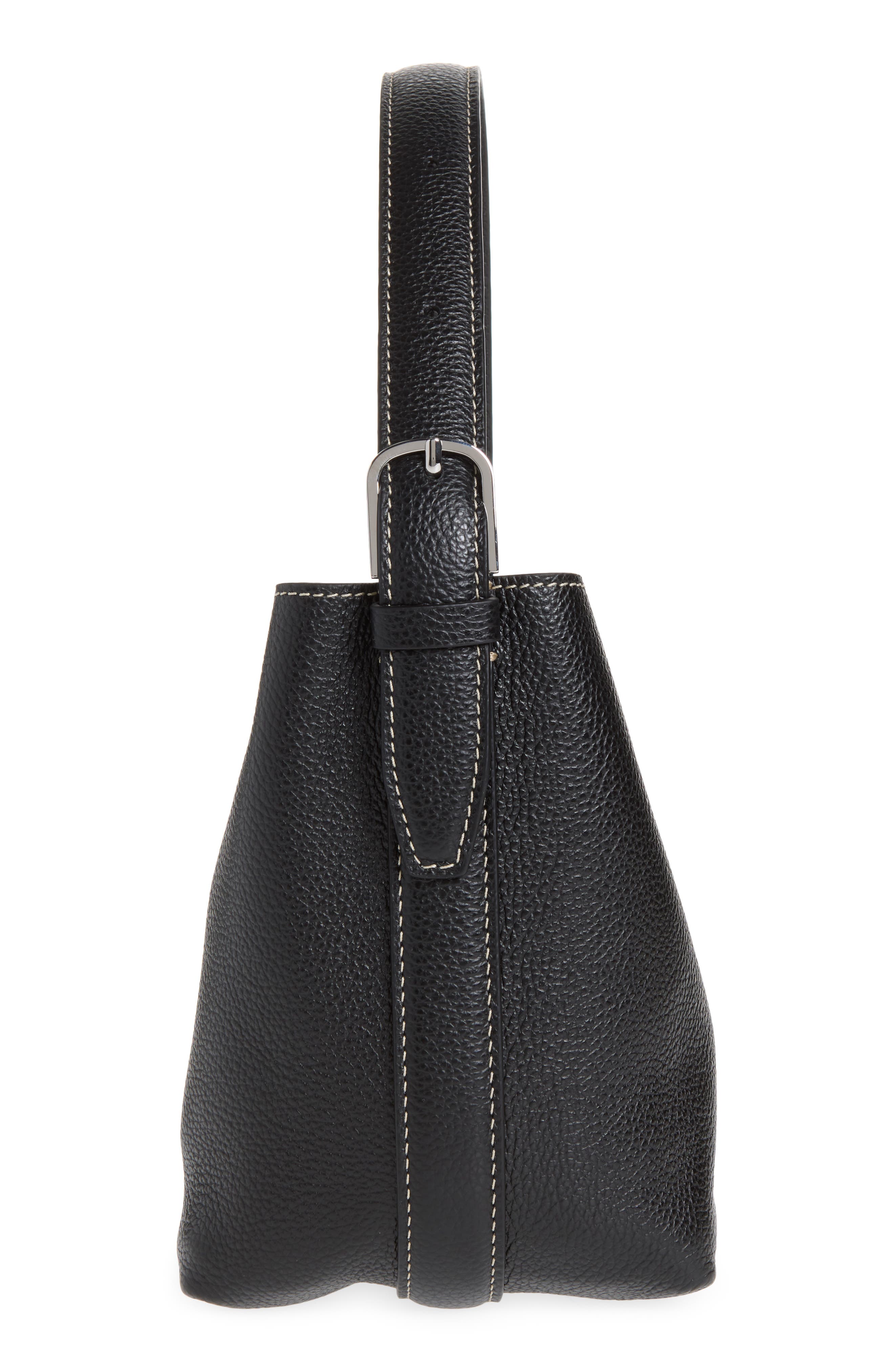 Petite Belted Grained Leather Tote, Alternate, color, BLACK