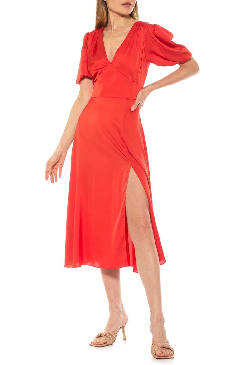 V-Neck Puff Sleeve Midi Dress, Main, color, CORAL
