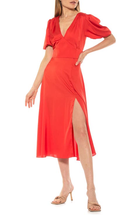 V-Neck Puff Sleeve Midi Dress