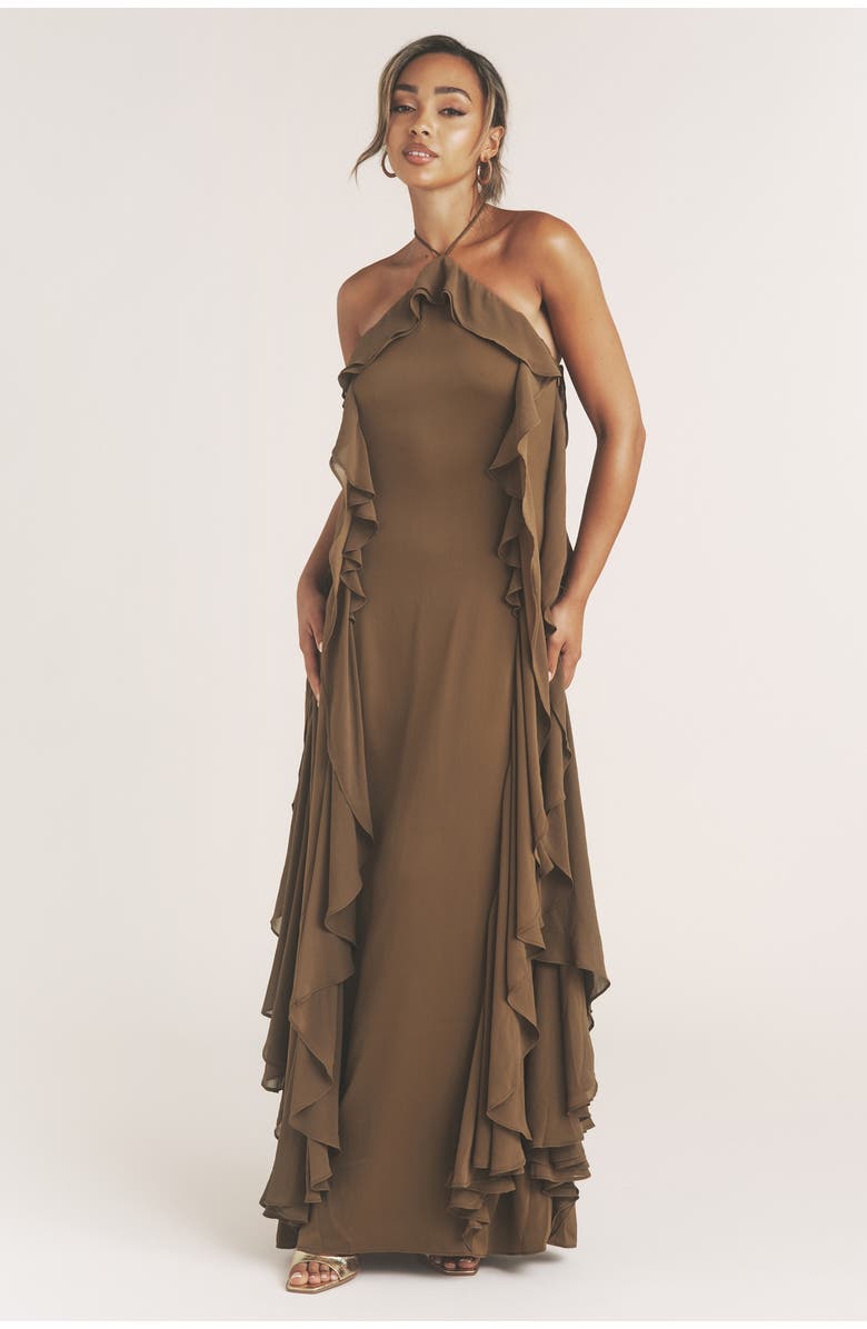 Six Stories Whitney Ruffle Halter Neck Maxi Dress, Alternate, color, Olive