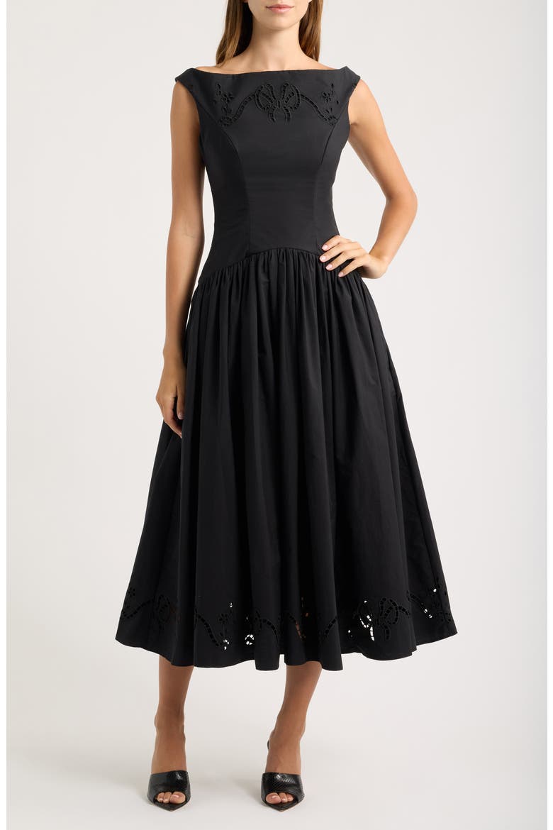 Lauren Embroidered Cotton Blend Midi Cocktail Dress, Main, color, BLACK