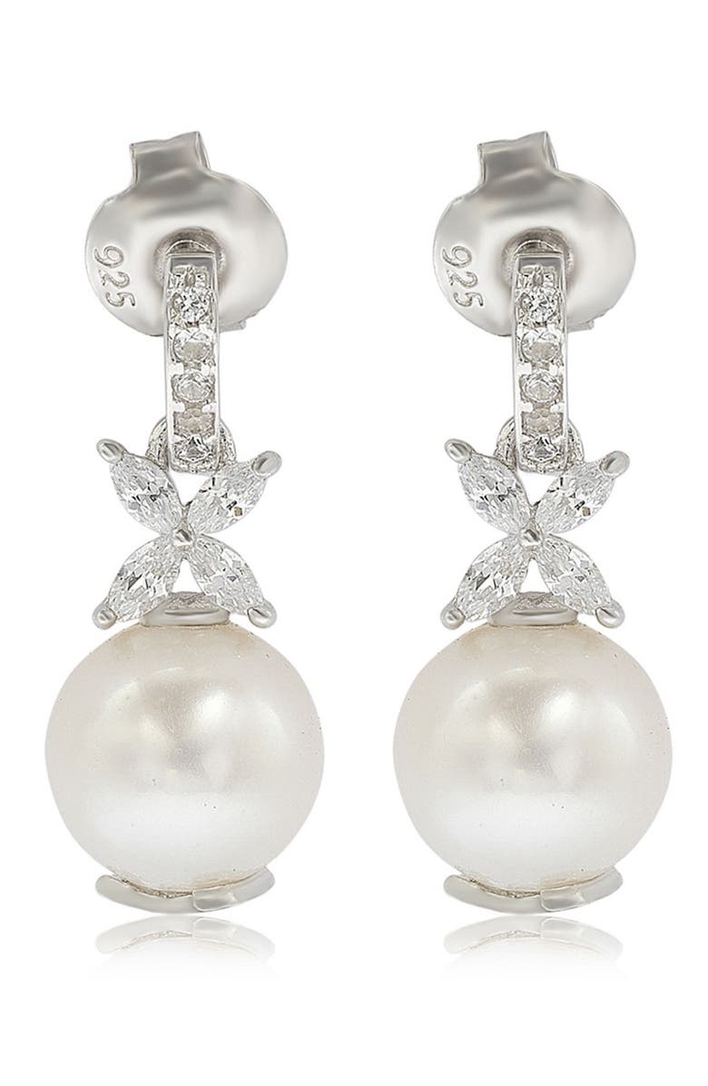 SUZY LEVIAN Sterling Silver 8mm Cultured Freshwater Pearl Created Sapphire Floral Earrings, Main, color,