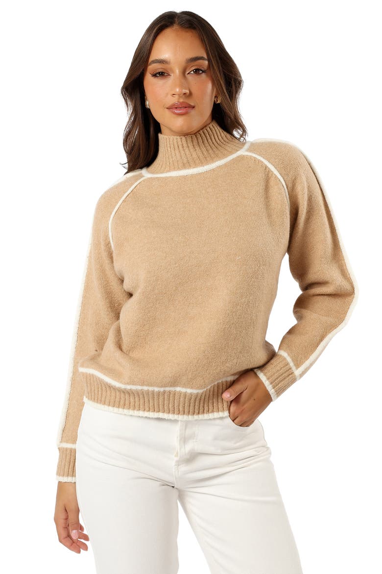 Rylee Contrast Trim Mock Neck Sweater, Alternate, color, CAMEL