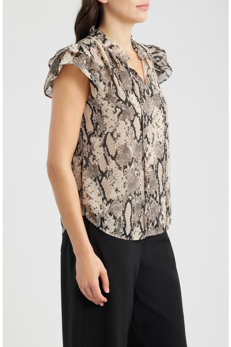 Snake Print Ruffled Sleeve Tied Neck Top, Alternate, color, LATTE MULTI