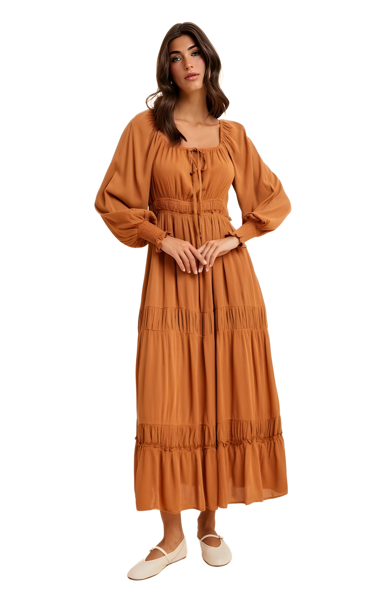 Knit and Lounge Tiered Smocked Waist Long Sleeve Maxi Dress, Alternate, color, 