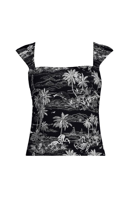 Lands' End Womens Square Neck Underwire Square Back Tankini Swimsuit Top In Black Tropical Scene