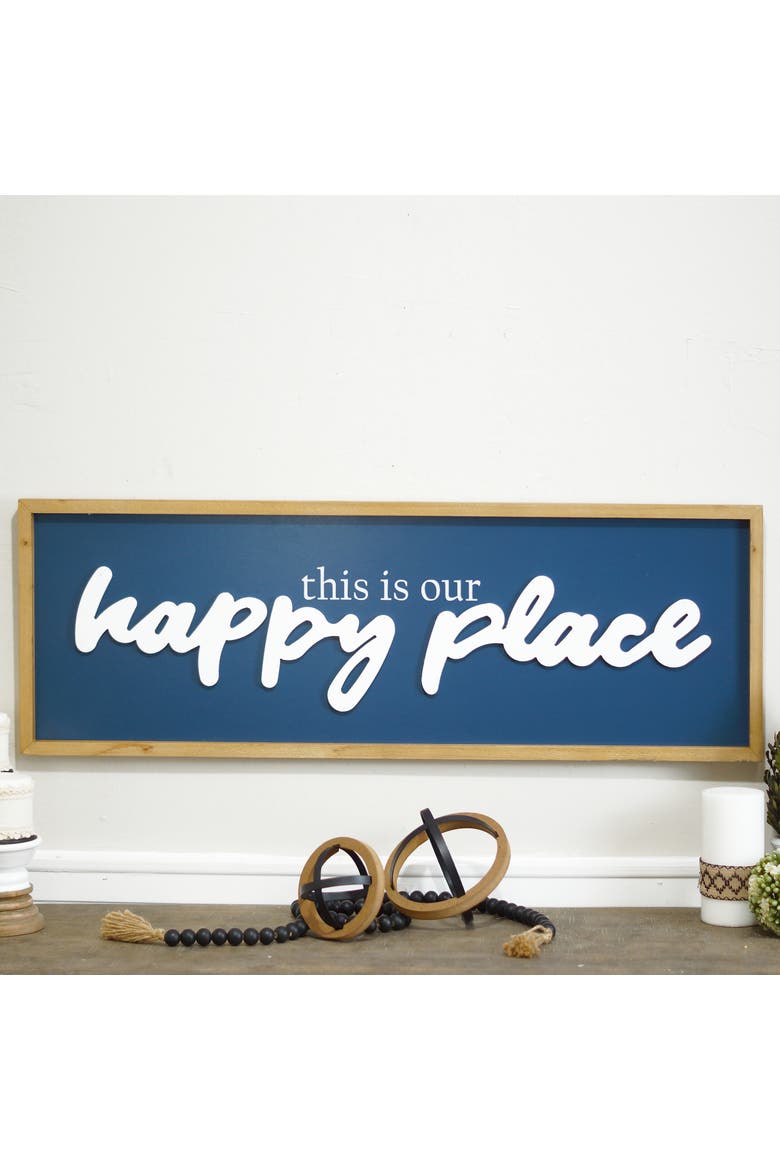 Wood Blue Happy Place Wall Sign, 36 Inch Farmhouse Decorative Wall Art, Alternate, color, Blue