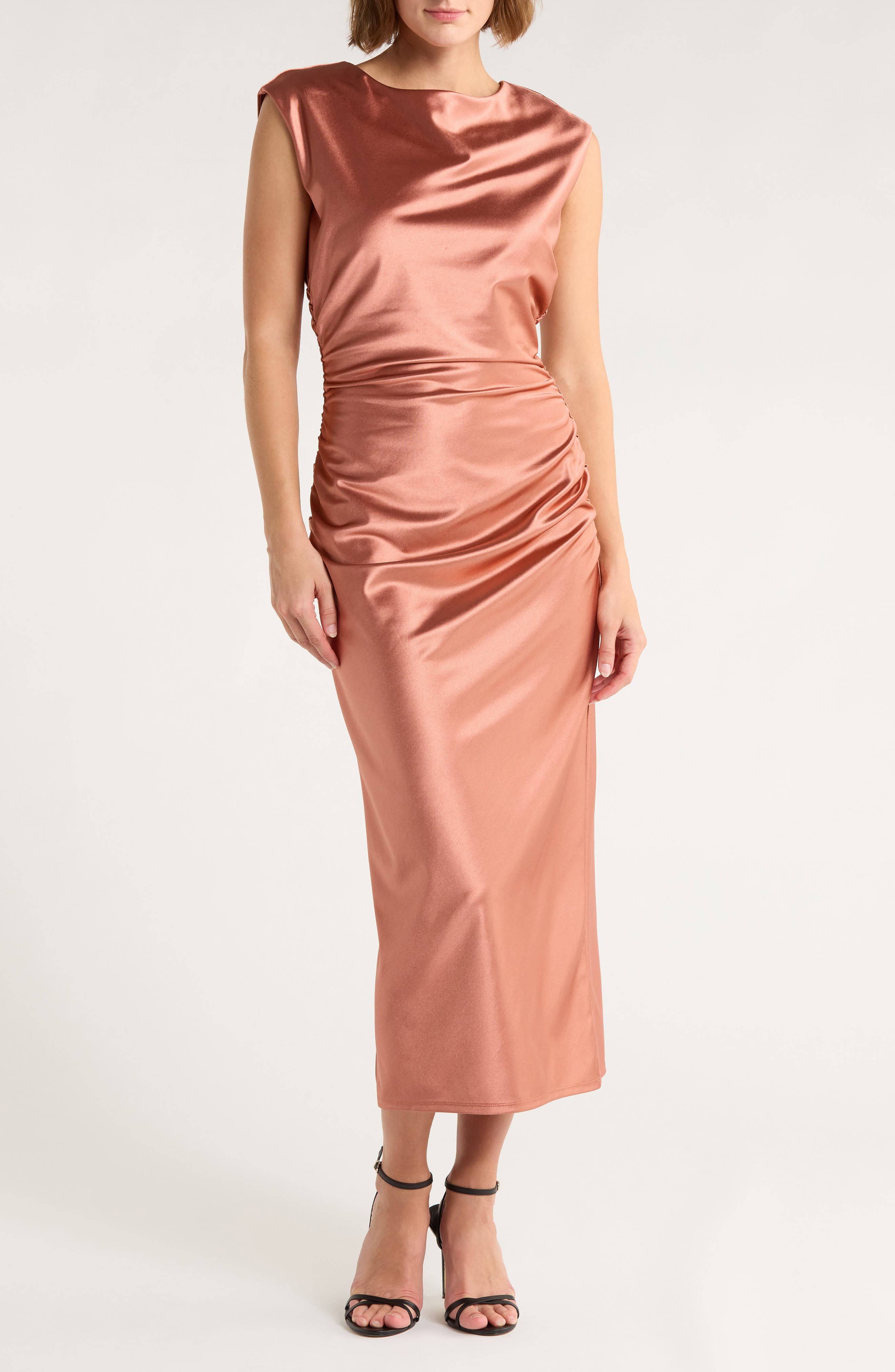 Chelsea28 Ruched Cap Sleeve Satin Midi Dress