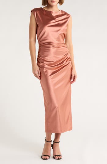 Chelsea28 Ruched Cap Sleeve Satin Midi Dress In Brown