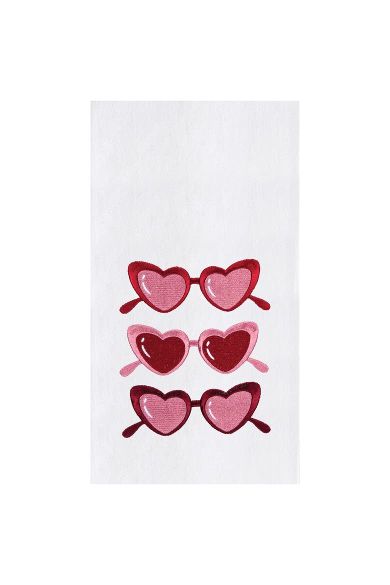 Heart Glasses Embroidered 100% Cotton Flour Sack Valentine's Day Dishtowel, Main, color, Pink