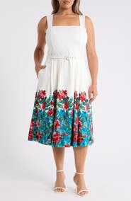 Tahari ASL Belted Border Print Midi Dress