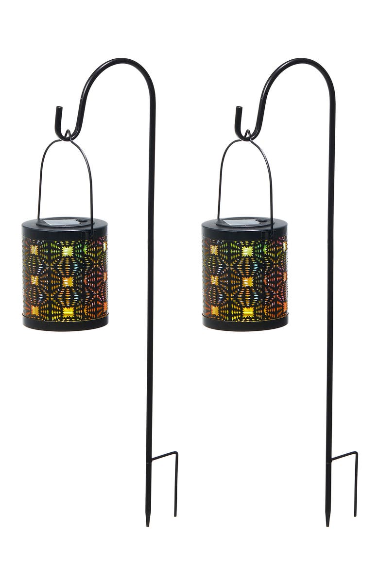 Glitzhome Set of 2 Metal Cutout Pattern Solar Powered Lantern with LED Light, Alternate, color, Black