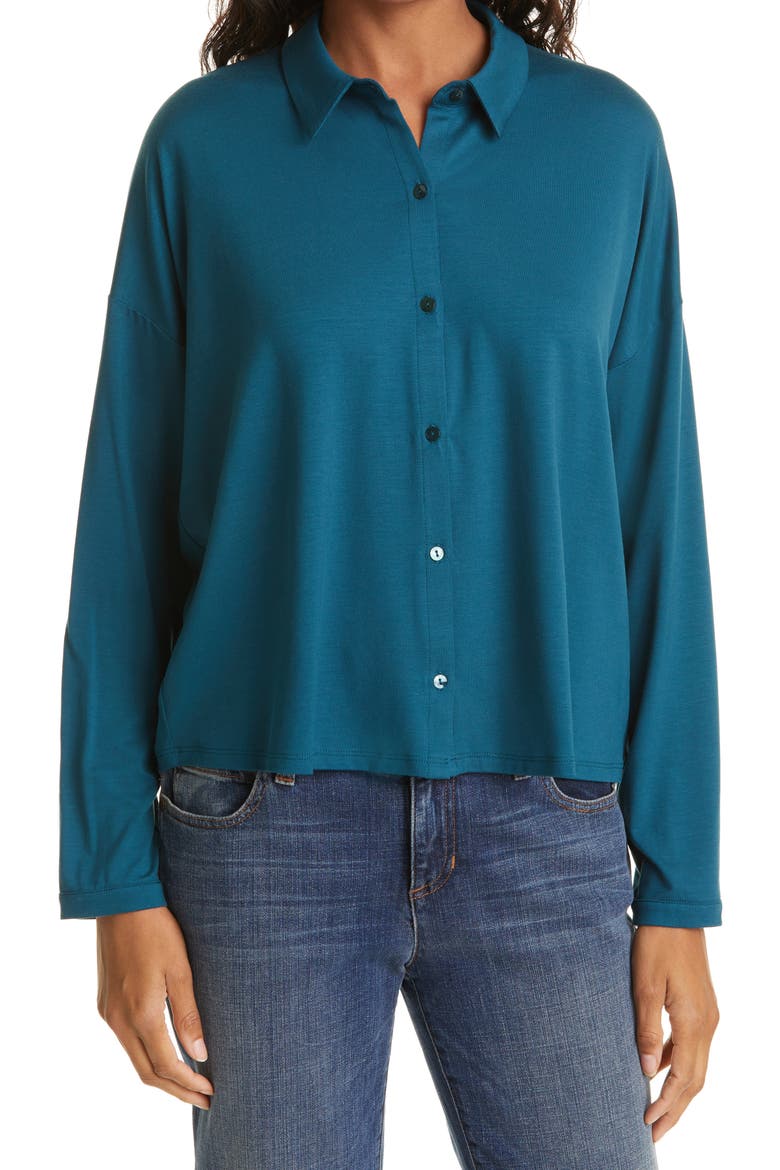 Classic Collar Stretch Jersey Boxy Shirt, Main, color, BLUE SPRUCE