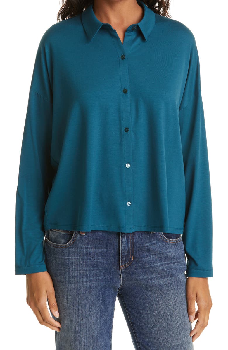 Eileen Fisher Classic Collar Stretch Jersey Boxy Shirt, Main, color,