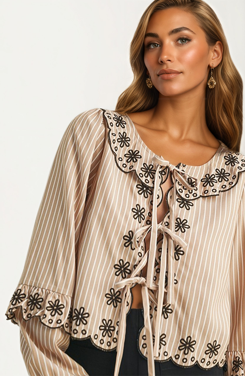 Knit and Lounge Striped Tie-Front Blouse with Floral Embroidered Trim, Alternate, color, Taupe / Black Embroidery