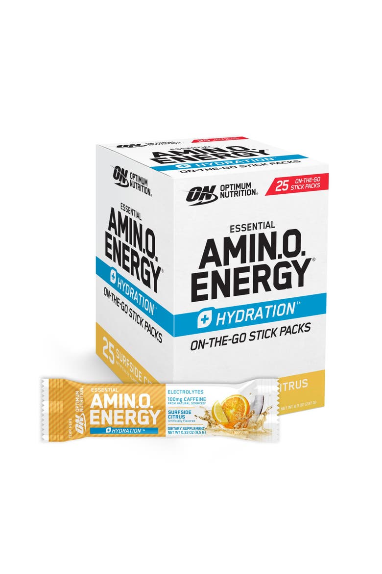 Amino Energy Plus Hydration Powder Stick Packs with Caffeine for Energy and Hydration Support, Surfside Citrus Flavor, 25 Count, Main, color, None
