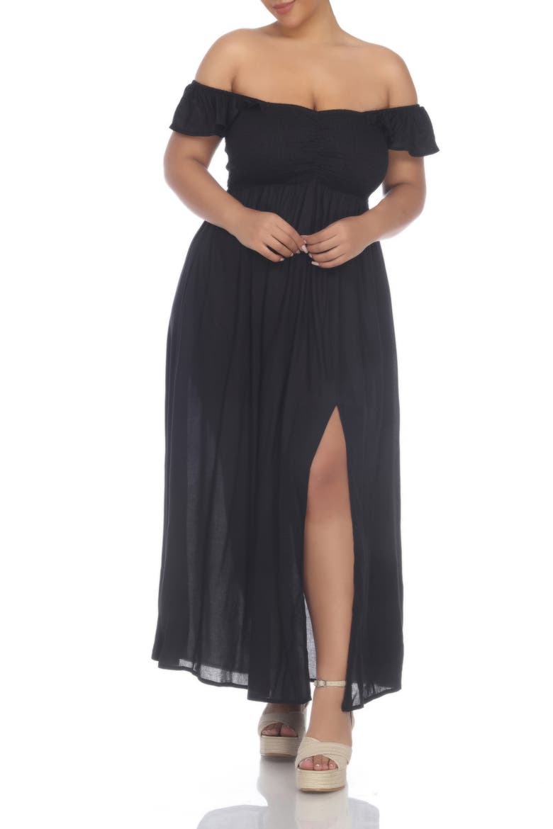 Off the Shoulder Flutter Sleeve Smocked Maxi Dress, Main, color, BLACK