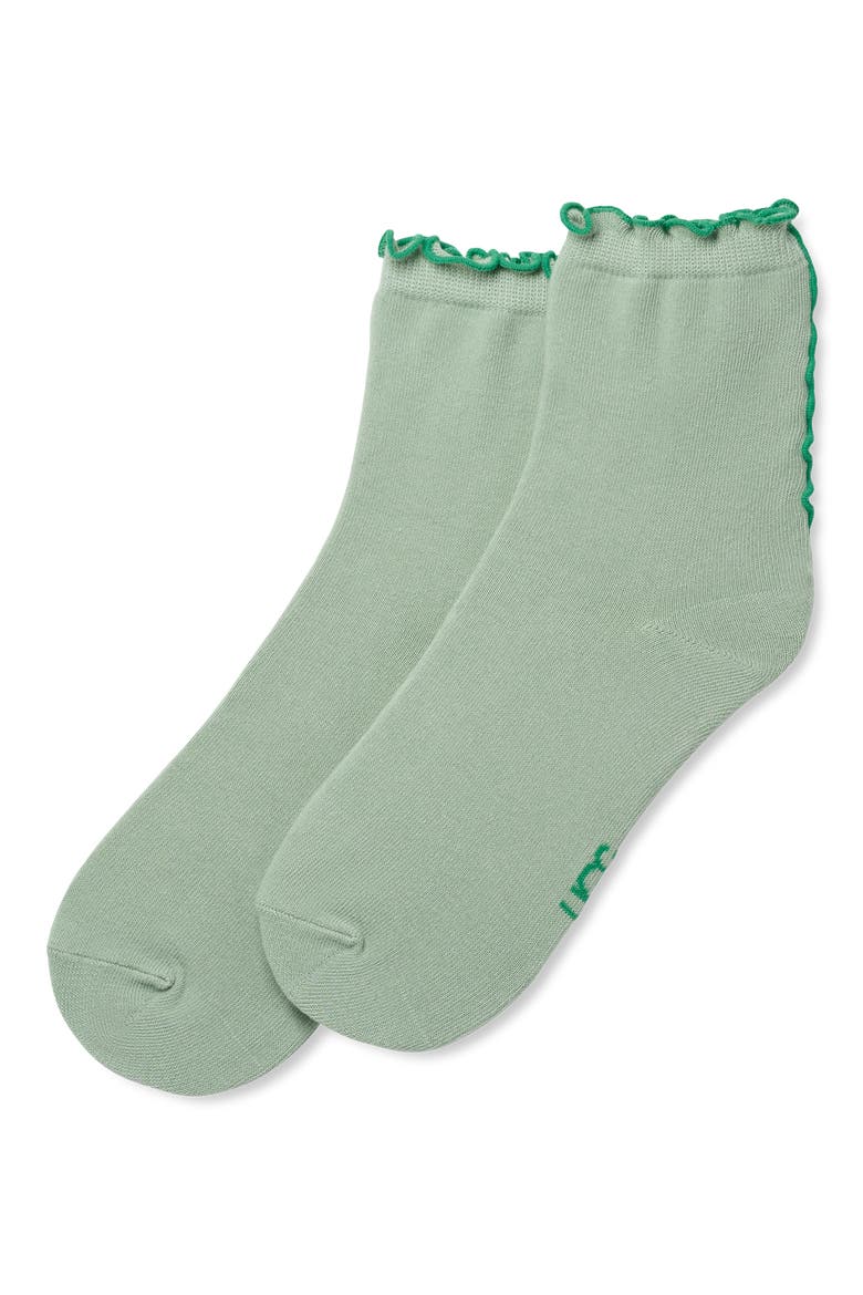 Karsyn II Lettuce Edge Quarter Socks, Main, color, ARTICHOKE / HUMMINGBIRD