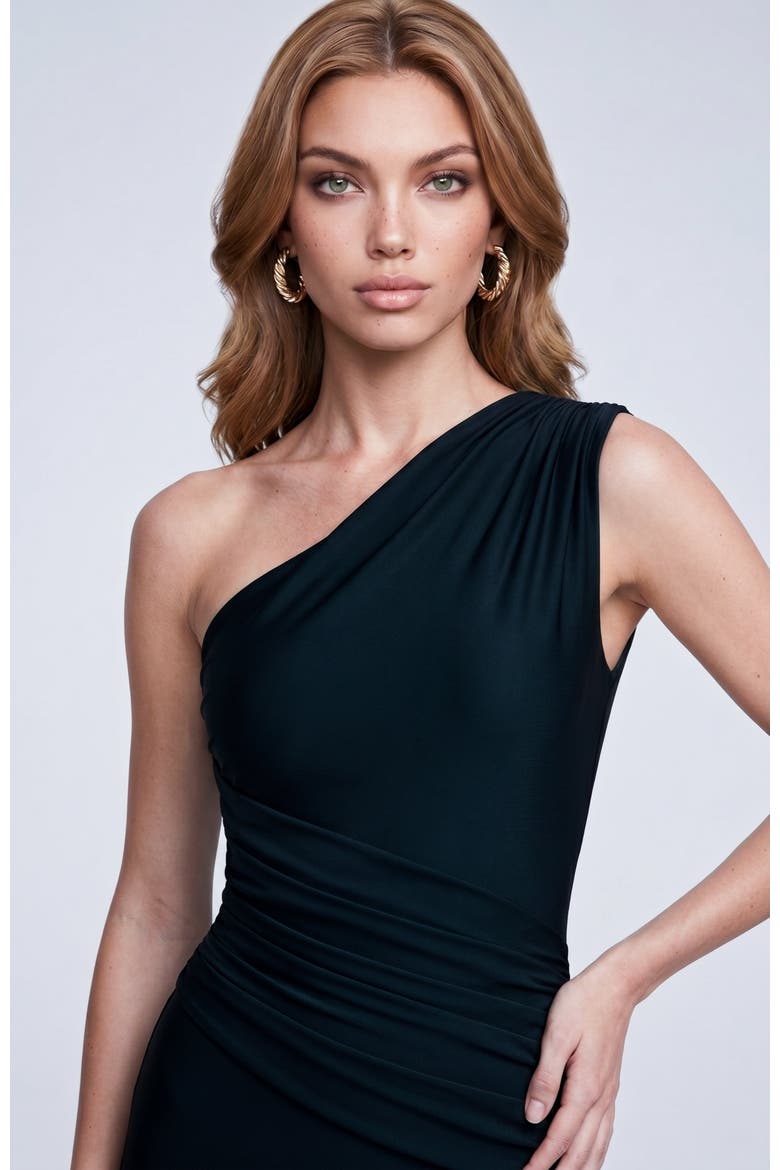 One Shoulder Ruched Mermaid Evening Gown, Alternate, color, Black