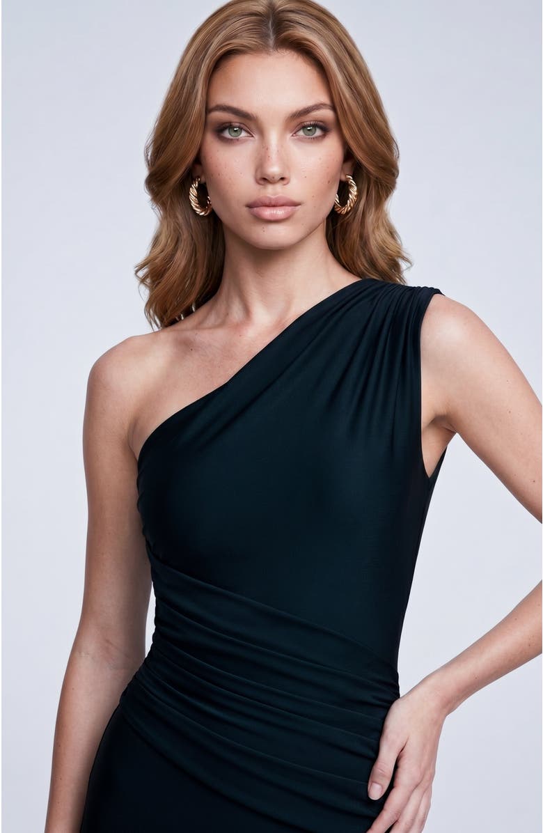Jessica Angel One Shoulder Ruched Mermaid Evening Gown, Alternate, color, Black