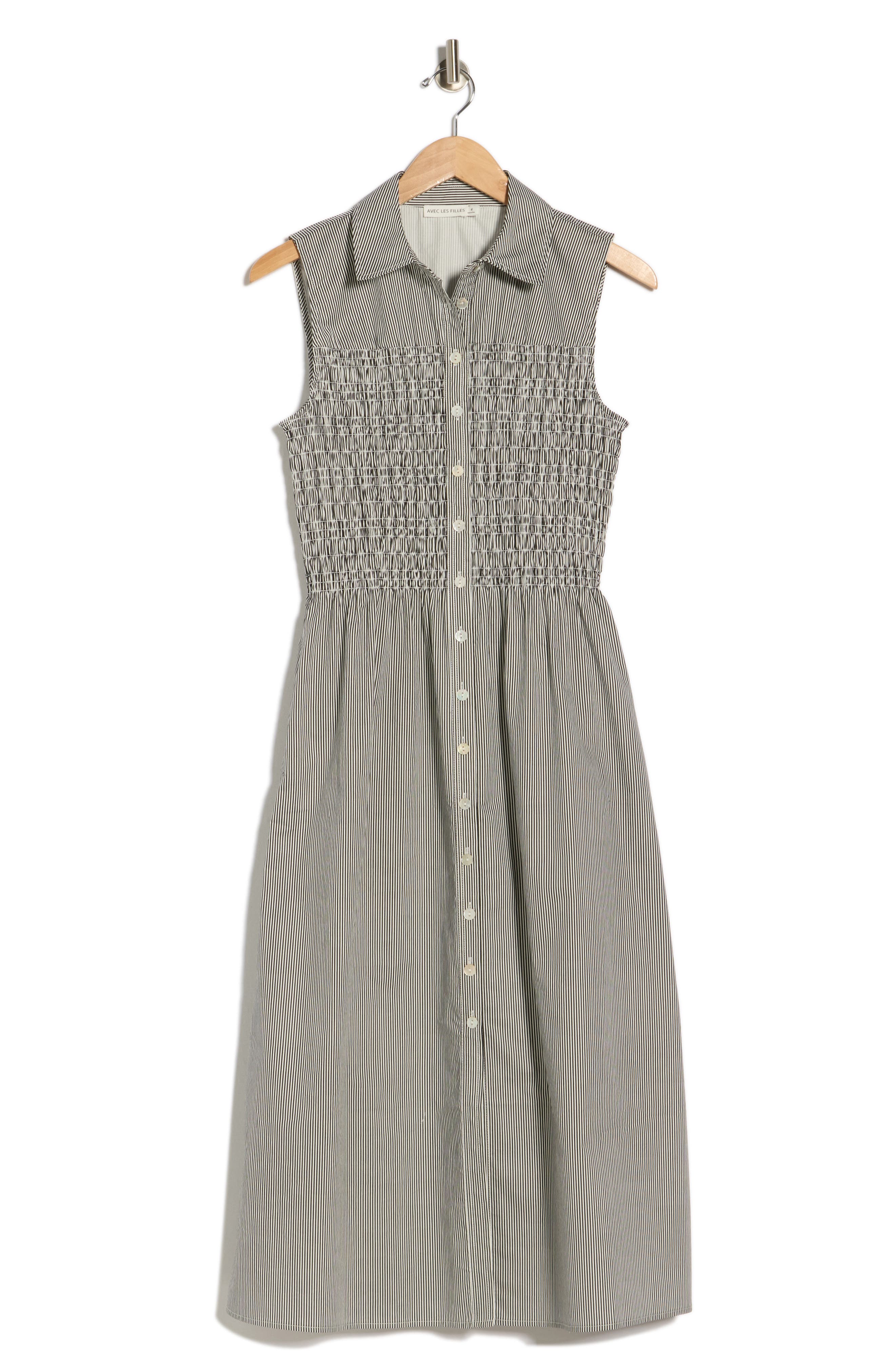 Avec Les Filles Smocked Sleeveless Shirtdress