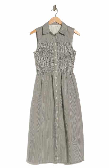 Avec Les Filles Smocked Sleeveless Shirtdress