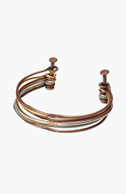 Uncommon Goods Mixed Metals Hinged Cuff In Copper/brass/teal