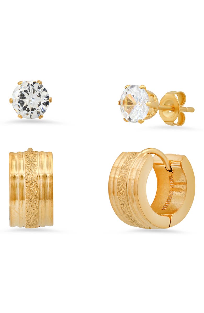 HMY JEWELRY Set of 2 CZ Stud & Huggie Earrings, Main, color, Yellow