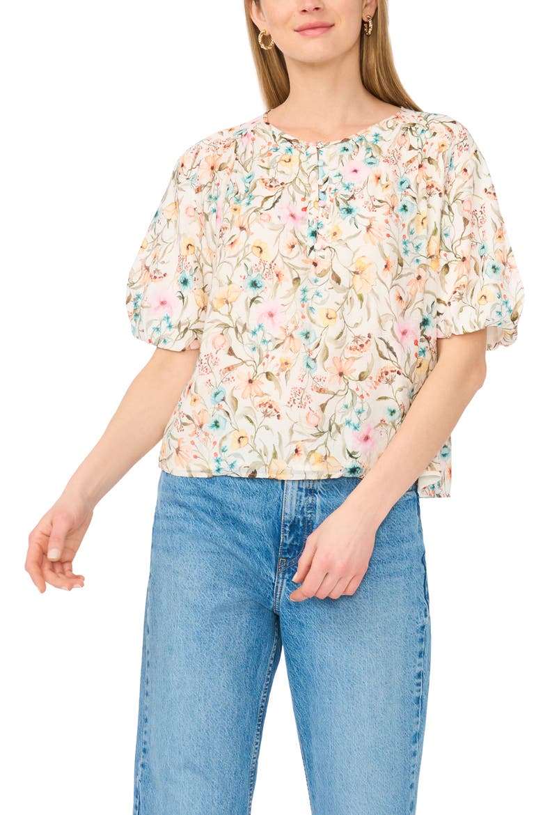 Floral Puff Sleeve Top, Main, color, ANTIQUE WHITE
