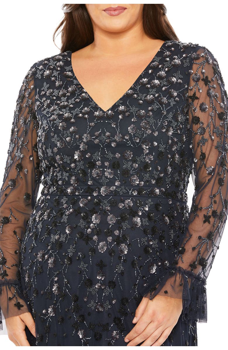 Mac Duggal V-Neck Embellished Long Flutter Sleeve Tired Gown, Alternate, color, Midnight