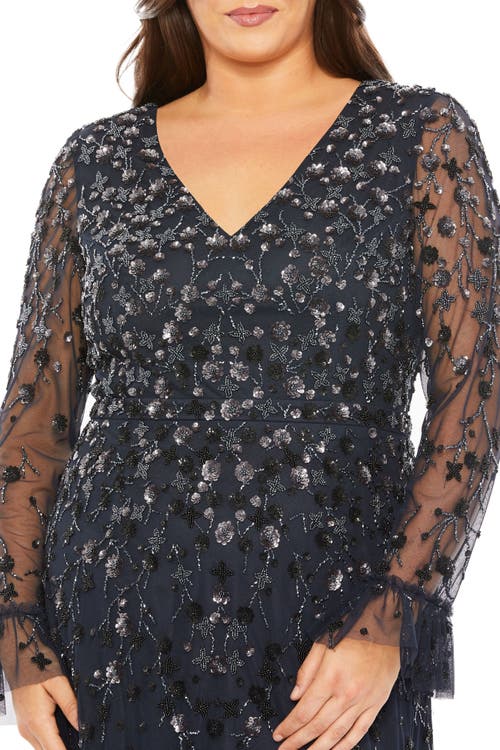 Mac Duggal V- Neck Embellished Long Flutter Sleeve Gown In Midnight
