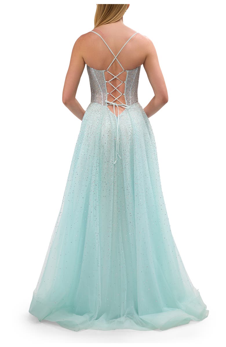 La Femme Prom Gown with Rhinestone Tulle and Illusion Corset Bodice, Alternate, color, Arctic Blue