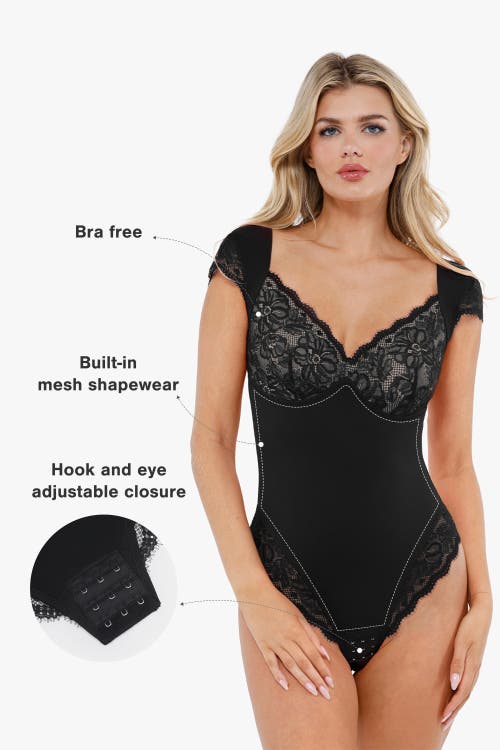 Popilush Shapewear Cap Sleeve Slimming Lace Cup Bodysuit In Midnight Black
