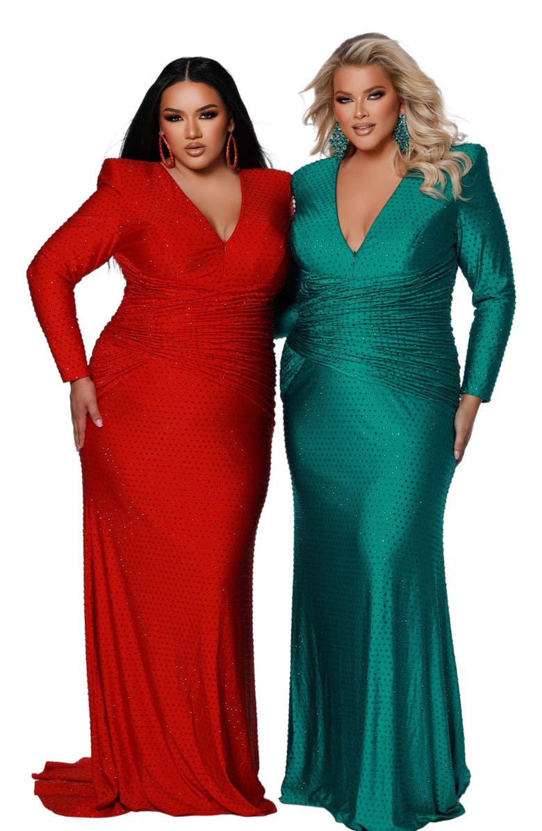 Johnathan Kayne for Sydney's Closet Ruched Long Sleeve V-Neck Plus Size Evening Gown, Alternate, color, Emerald
