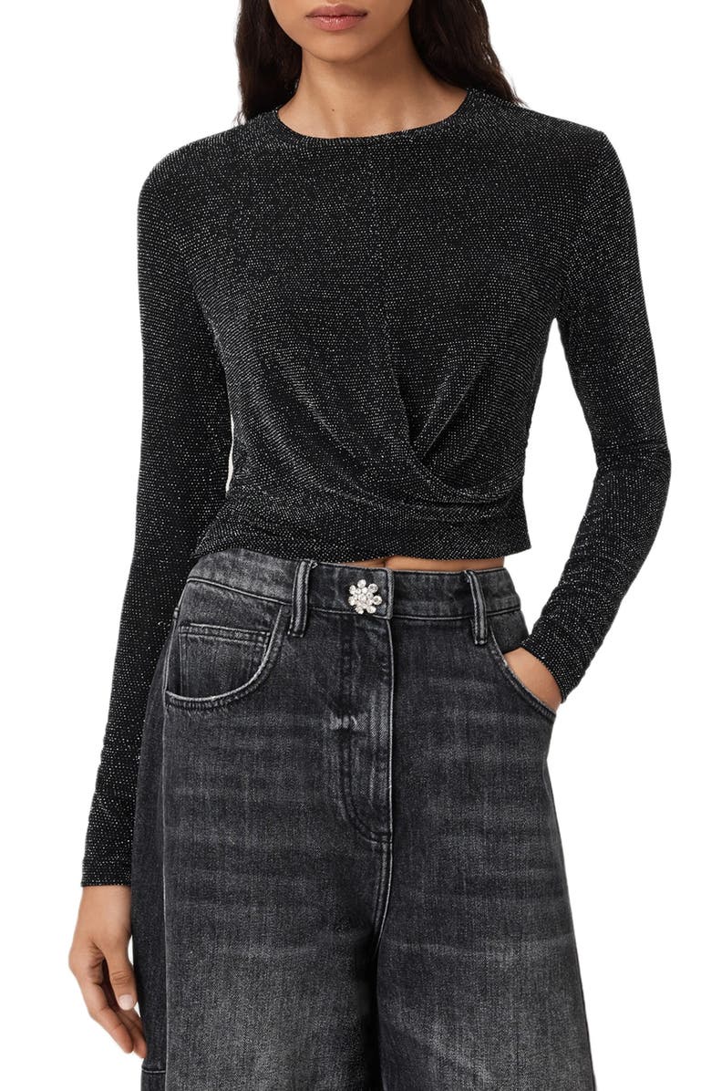 AllSaints Skylar Metallic Twist Front Top, Main, color, Silver/ Black