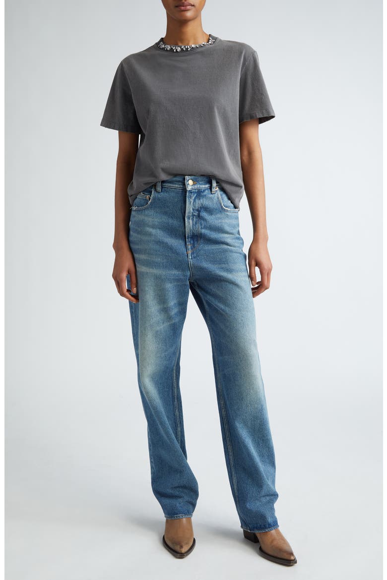 Crystal Embellished Distressed Cotton T-Shirt, Alternate, color, ANTHRACITE