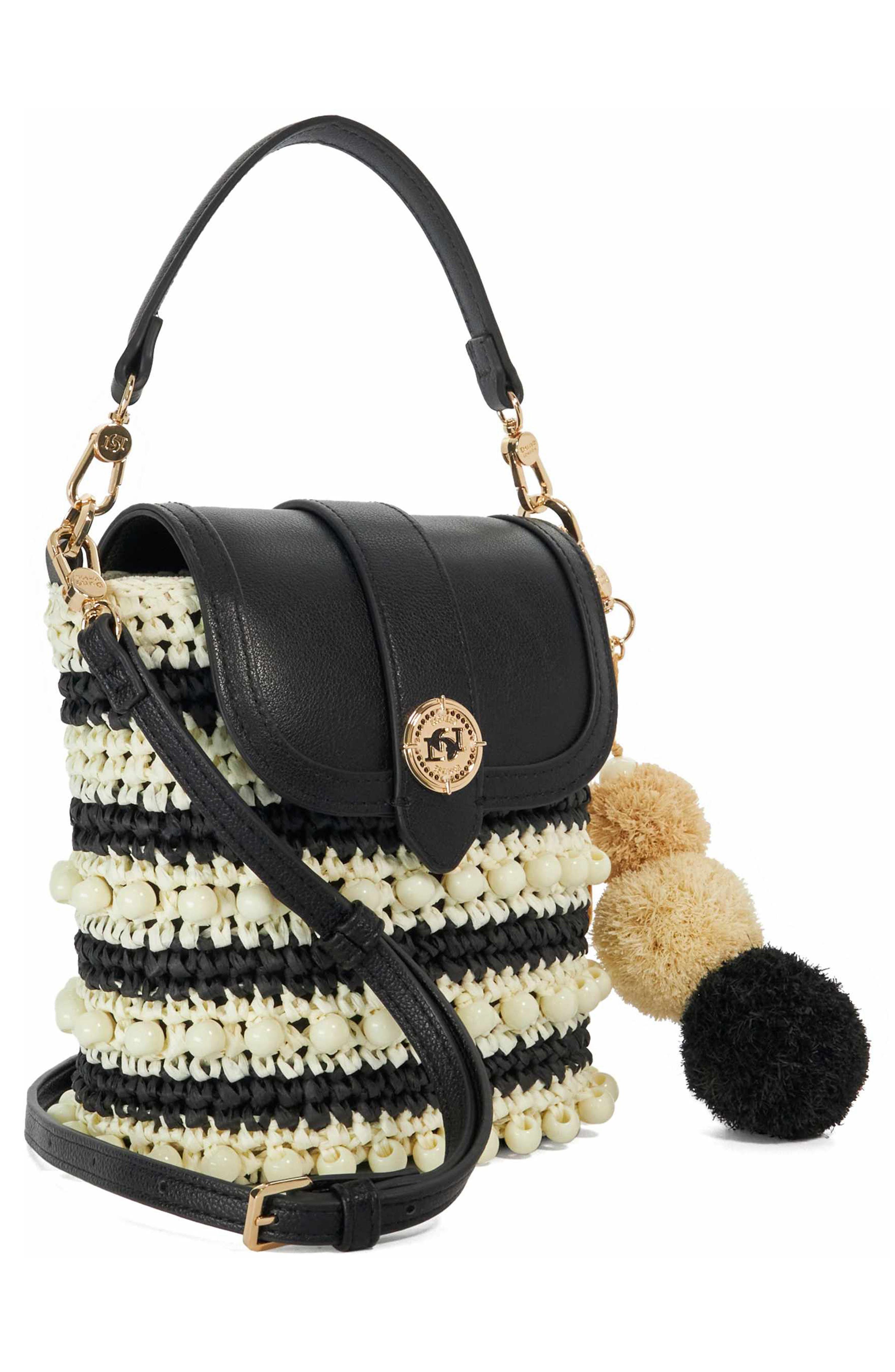 Dune London Dimple Raffia Handbag, Alternate, color, Black/ White