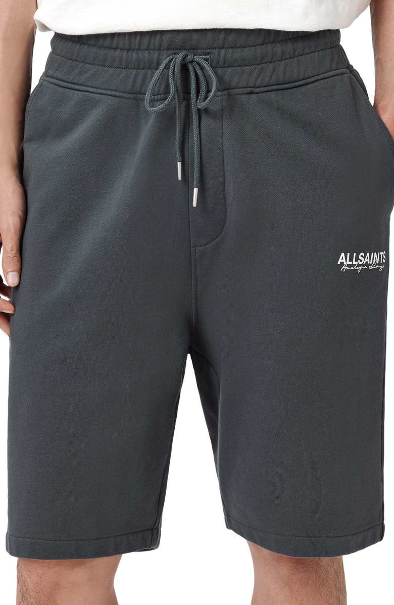 AllSaints Emblem Relaxed Fit Cotton Sweat Shorts, Alternate, color, Washed Black