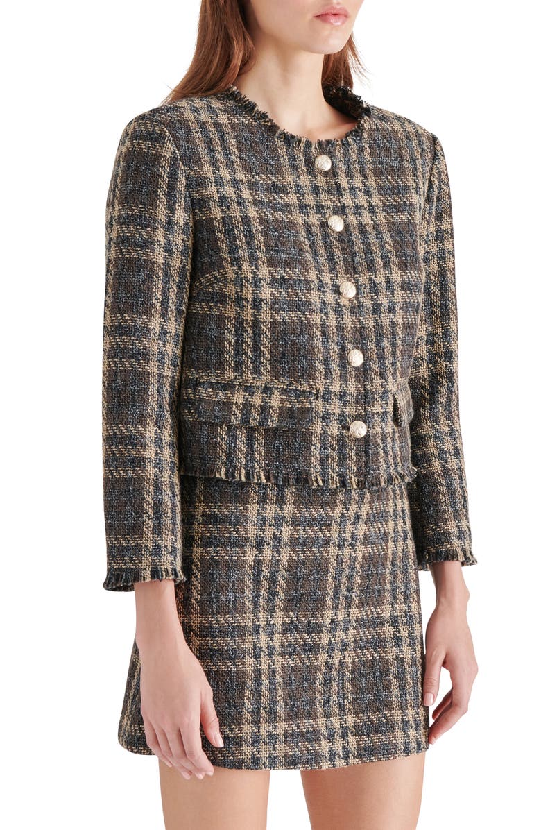 Steve Madden Tweed Three-Quarter Sleeve Jacket, Alternate, color, Brown